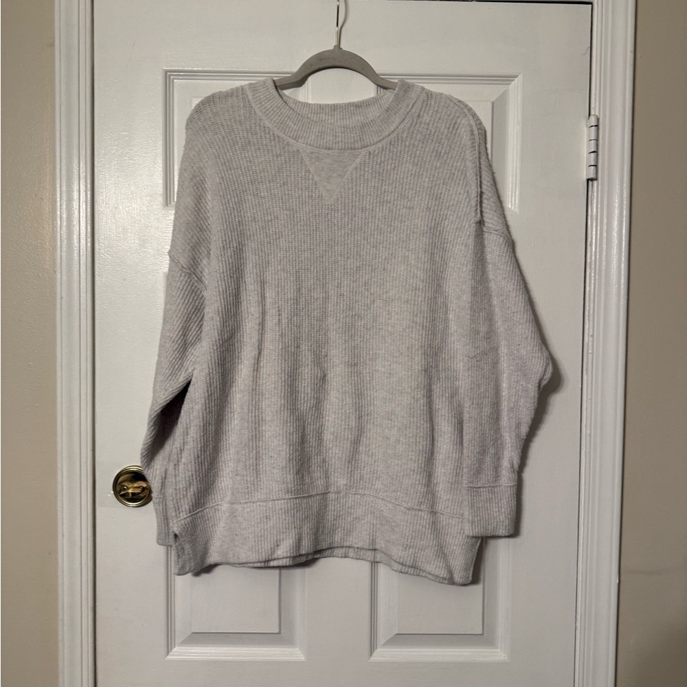 aerie Light White Ribbed Crewneck Sweater